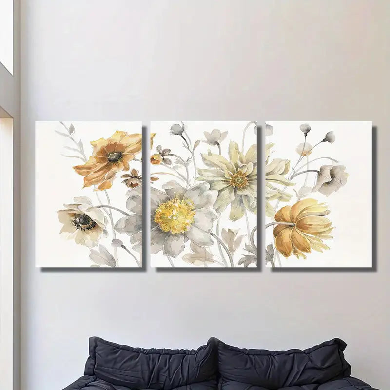 3pcs Watercolor Golden Field Flowers Botanical Metal Print Ready to Hang Art