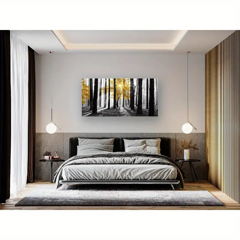 Yellow Tree Black & White Sunshine Foggy Forest Wall Art canvas office home room framed 120x60cm