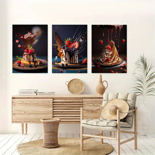 3pcs Berries, Chocolate, Berry, Food, Sweet, Tasty, Dessert Metal Print Ready to Hang Art