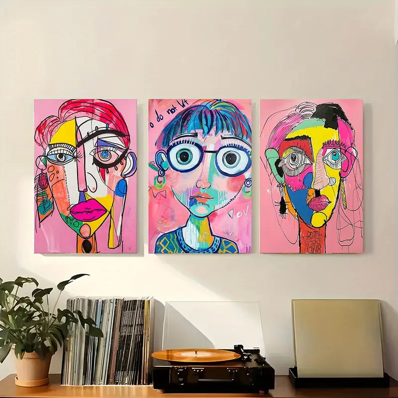 3pcs Colorful Geometric Faces with Bold Features and Expressions Metal Print Ready to Hang Art