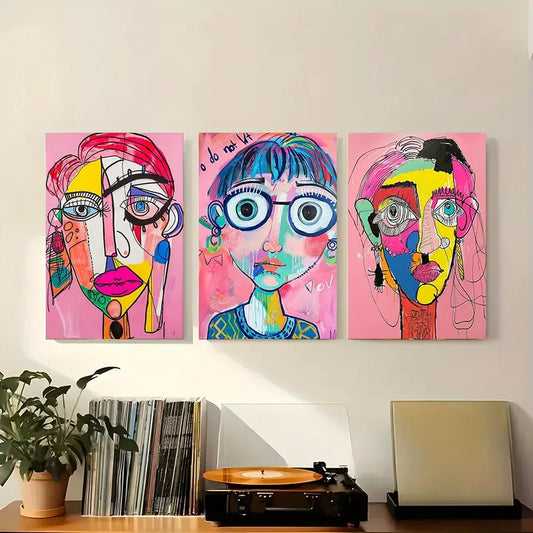 3pcs Colorful Geometric Faces with Bold Features and Expressions Metal Print Ready to Hang Art