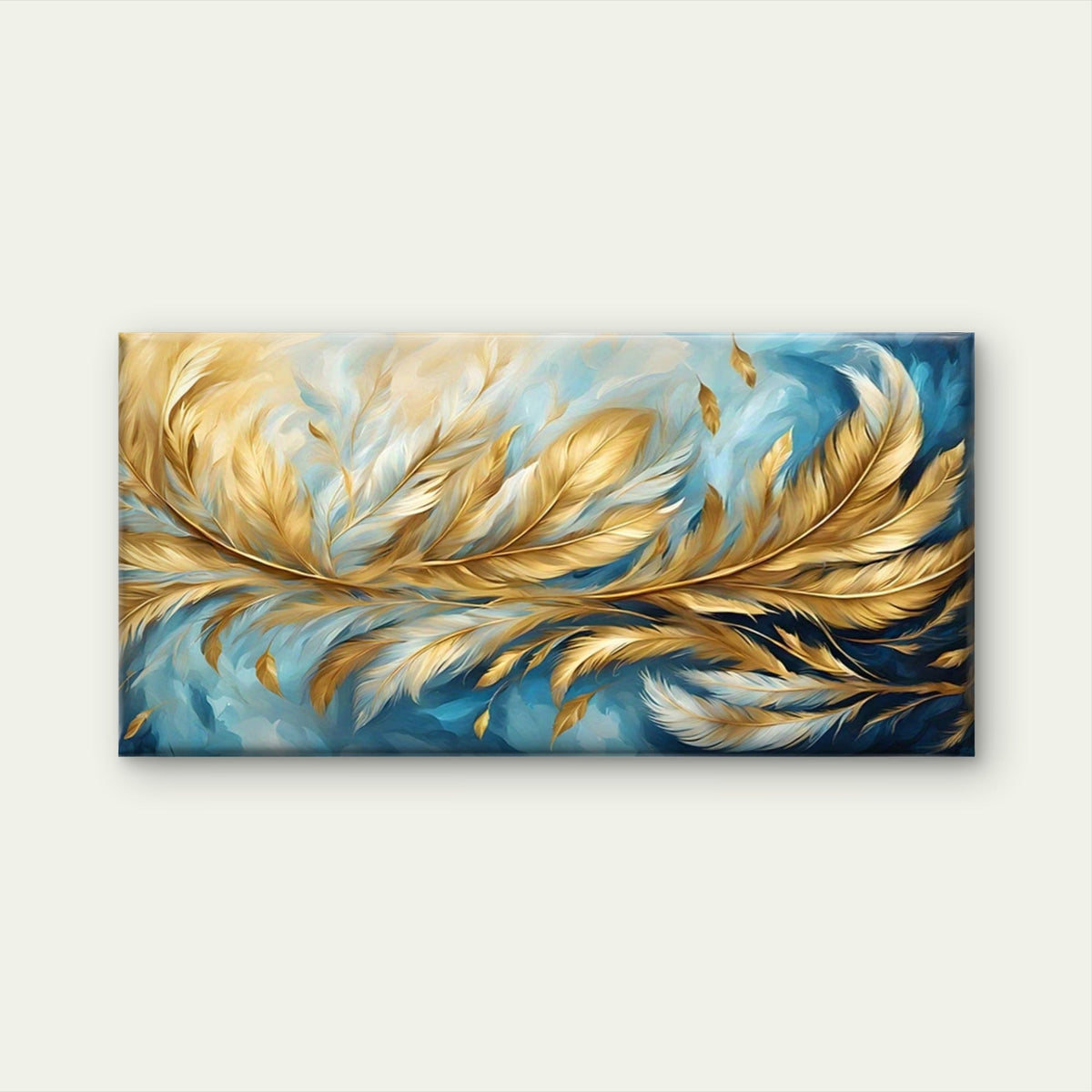 Navy Blue & Golden Feathers Wall Art Canvas Office Home Room Framed 120x60cm