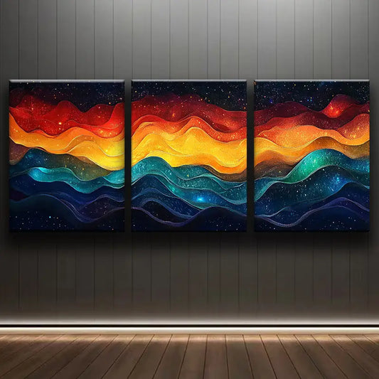 3pcs Luxurious Cloth Material, Colorful Waves Design Metal Print Ready to Hang Art