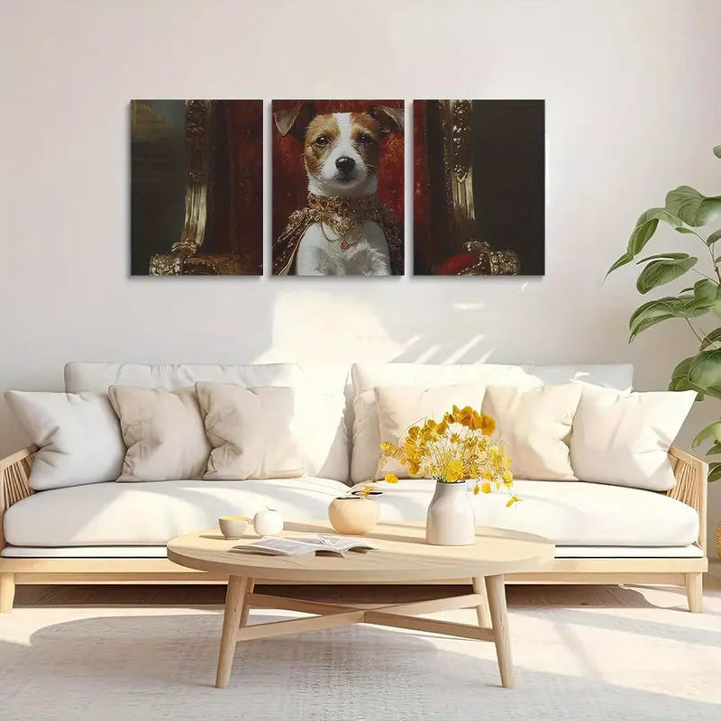 3pcs Dog King Sitting on a Throne Animals Oil Painting Metal Print Ready to Hang Art