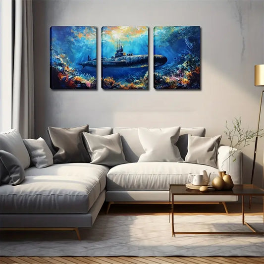 3pcs  Submarine in Deep Sea Wall Art Set Canvas Framed 40x60cm - High Quality Print 100% Australian Made Wall Canvas Ready to Hang