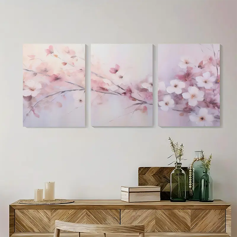 3pcs Blush Pink & Lavender Floral Painting Triptych Dreamy Wall Art Set Canvas Framed 40x60cm - High Quality Print 100% Australian Made Wall Canvas Ready to Hang