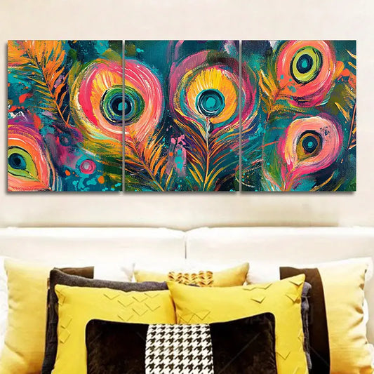 3pcs Peacock Feather Design Metal Print Ready to Hang Art