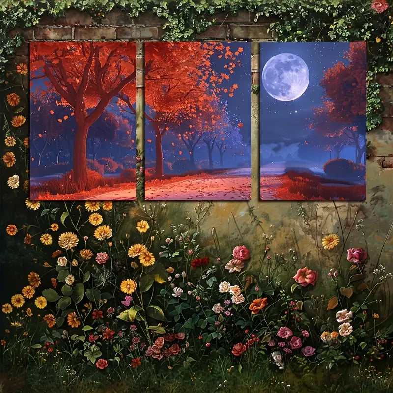 3pcs Watercolor Autumn trees Road Moon Night Metal Print Ready to Hang Art