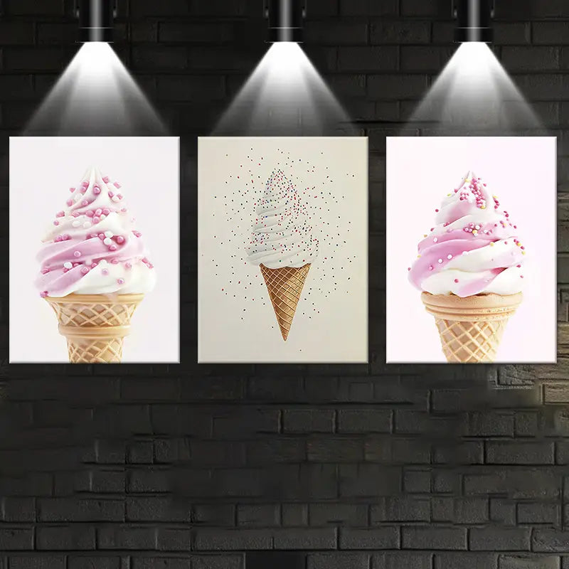 3pcs Abstract Ice Cream Pink & White Classic Design Metal Print Ready to Hang Art