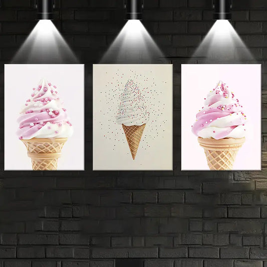 3pcs Abstract Ice Cream Pink & White Classic Design Metal Print Ready to Hang Art