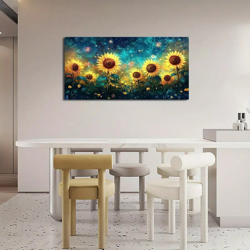 Sunflower Starry Sky Night Green Leaves Wall Art canvas office home room framed 120x60cm
