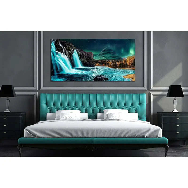 Waterfall Nature Black Mountains Ocean Wall Art canvas office home room framed 120x60cm
