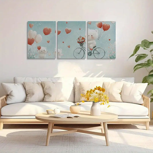 3pcs White Bear on Bicycle with Red Hearts and Balloons Metal Print Ready to Hang Art