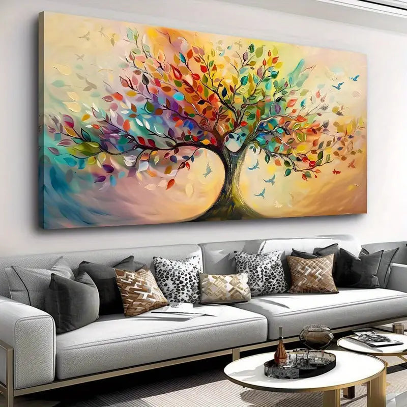 Modern Colourful Tree Birds Wall Art canvas office home room framed 120x60cm