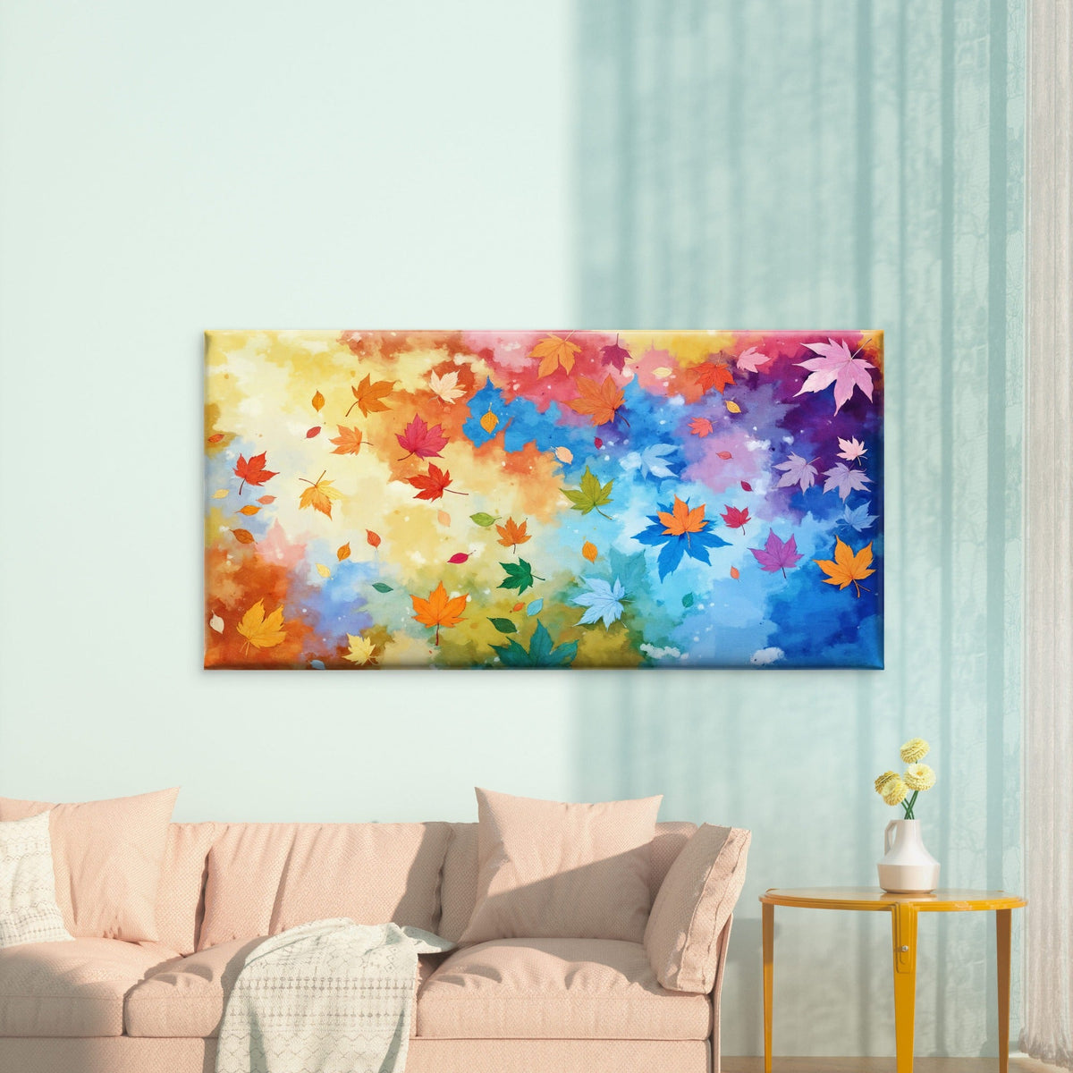Rainbow Autumn Leaf Collage Wall Art Canvas Office Home Room Framed 120x60cm