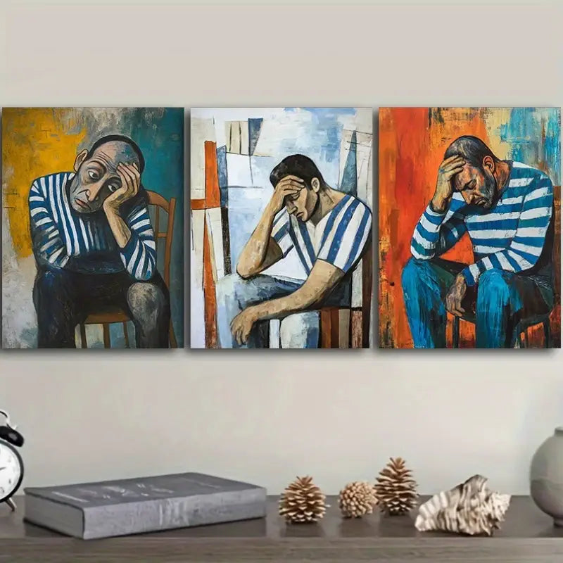 3pcs Striped Shirt Man Painting Metal Print Ready to Hang Art