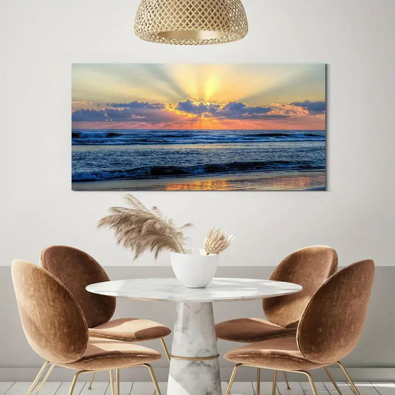 Beach Ocean Sunset Blue Waves Vibrant Orange & Yellow Hues Wall Art canvas office home room framed 120x60cm