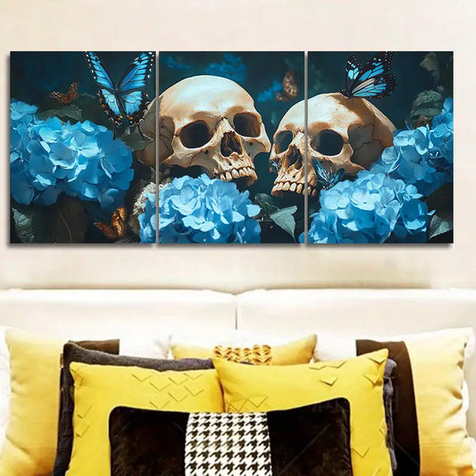 3pcs Skulls and Blue Flowers with Butterflies Metal Print Ready to Hang Art