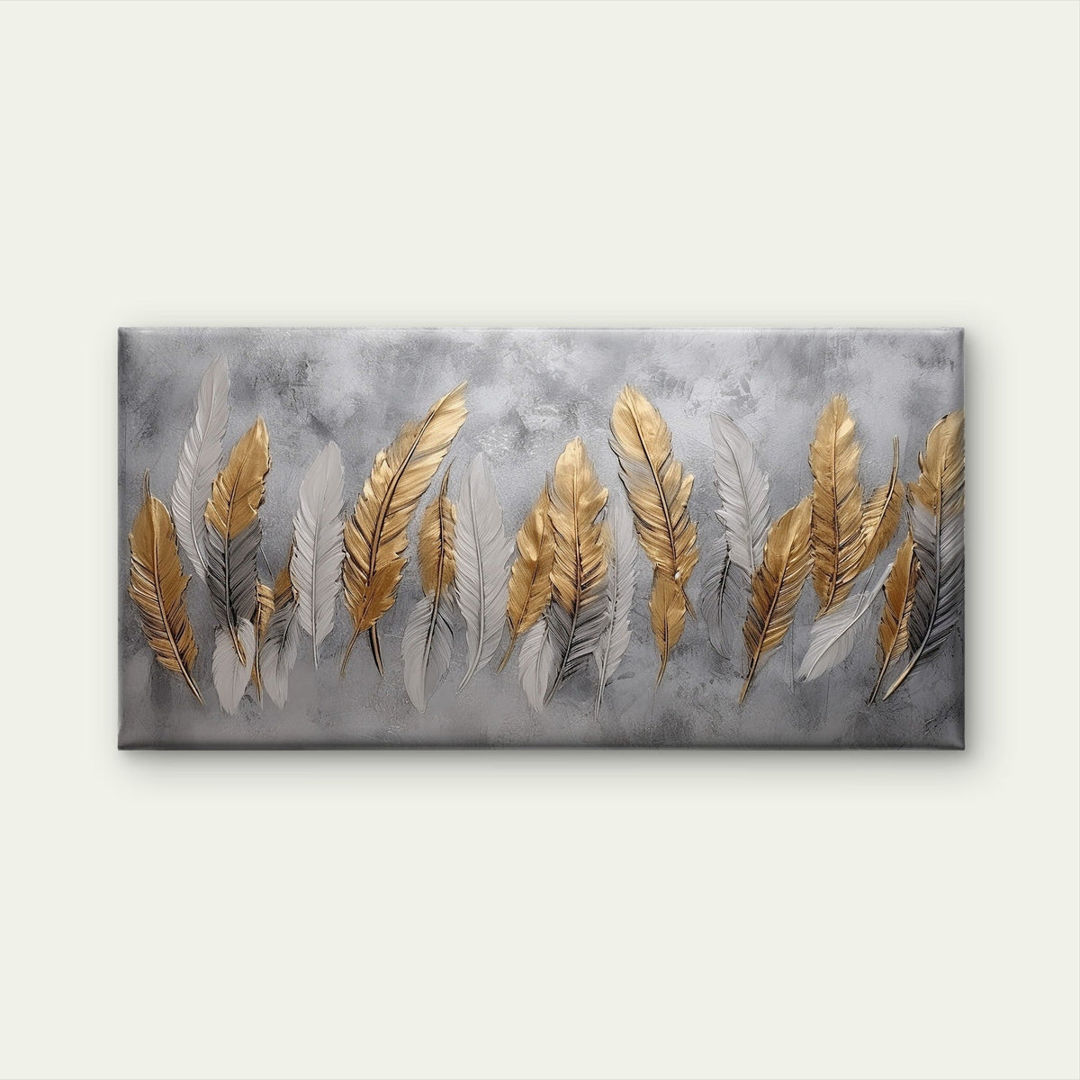 Gold Silver Feather Motif Wall Art Canvas Office Home Room Framed 120x60cm
