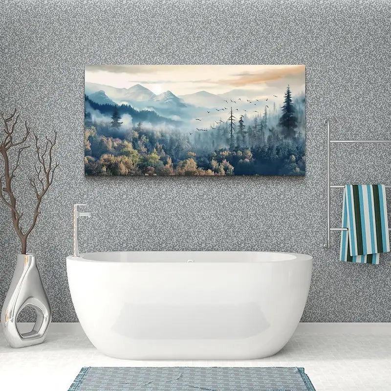 Foggy Forest Trees Mountains & Birds Wall Art canvas office home room framed 120x60cm
