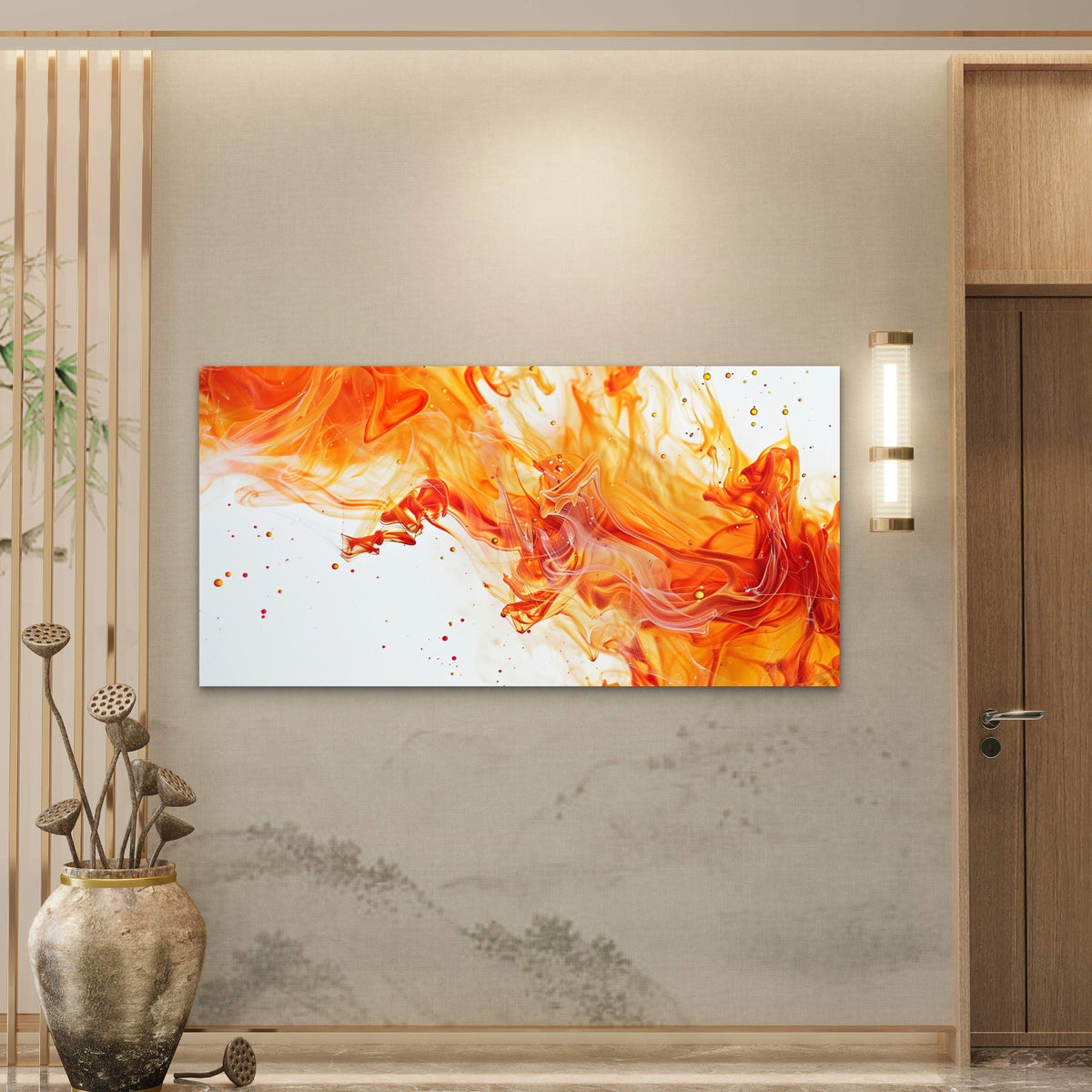 Orange Fire White Smoke Wall Art Canvas Office Home Room Framed 80x45cm