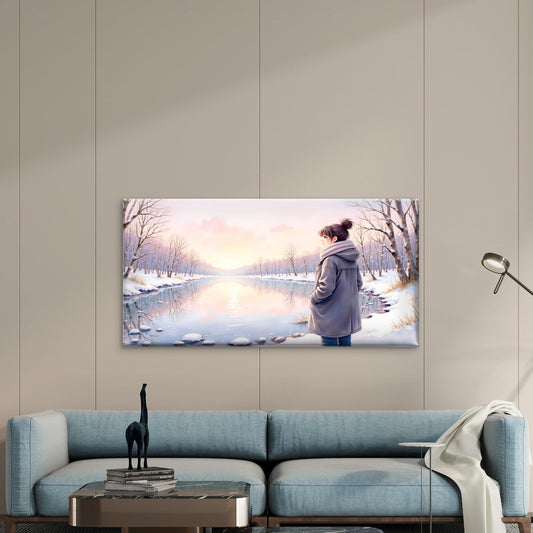 Anime Girl Winter Snow Wall Art Canvas Office Home Room Framed 80x45cm
