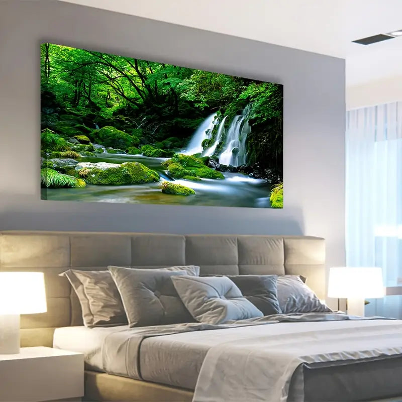 Green Forest Waterfall Scenery Wall Art canvas office home room framed 120x60cm