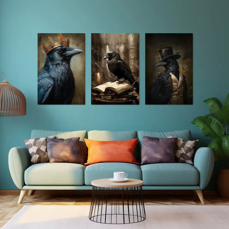 3pcs Elegant Black Bird Portraits with Vintage Fashion Metal Print Ready to Hang Art