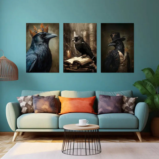 3pcs Elegant Black Bird Portraits with Vintage Fashion Metal Print Ready to Hang Art