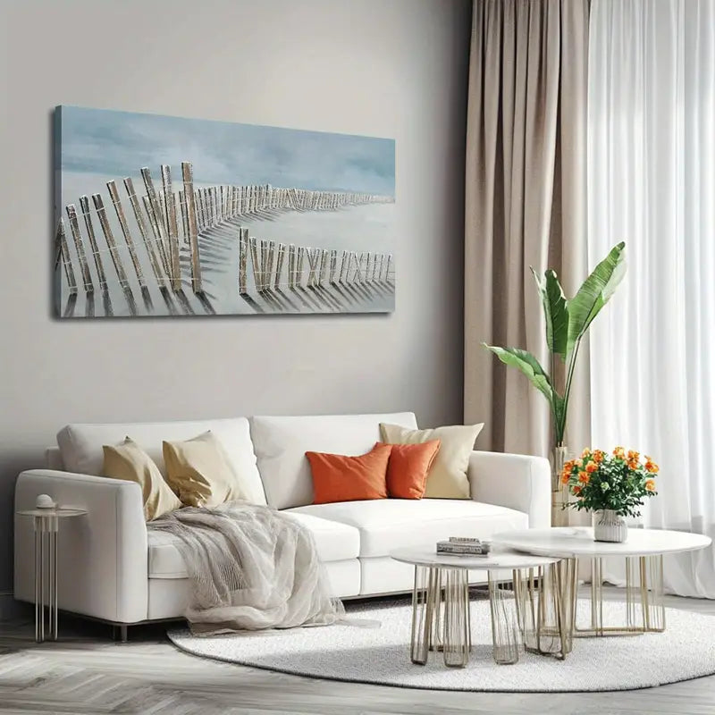 Blue and Beige Coastal Fence Beach Scene Wall Art canvas office home room framed 120x60cm