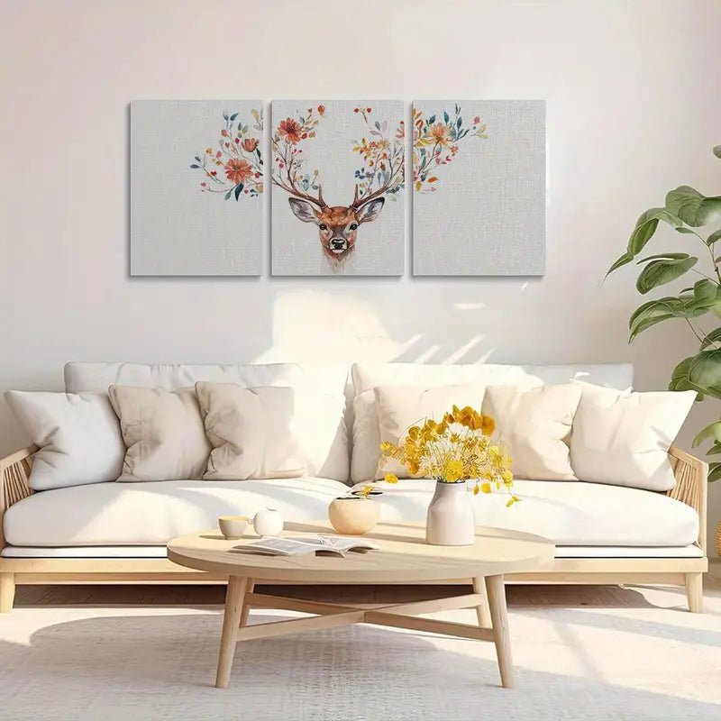 3pcs Watercolor Vibrant Floral Antler Deer Design Metal Print Ready to Hang Art