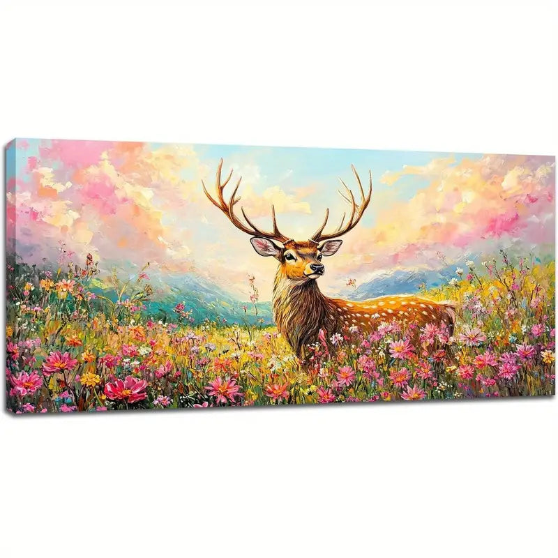 Large Rustic Wildlife Nature Deer Wildflower Wall Art canvas office home room framed 120x60cm