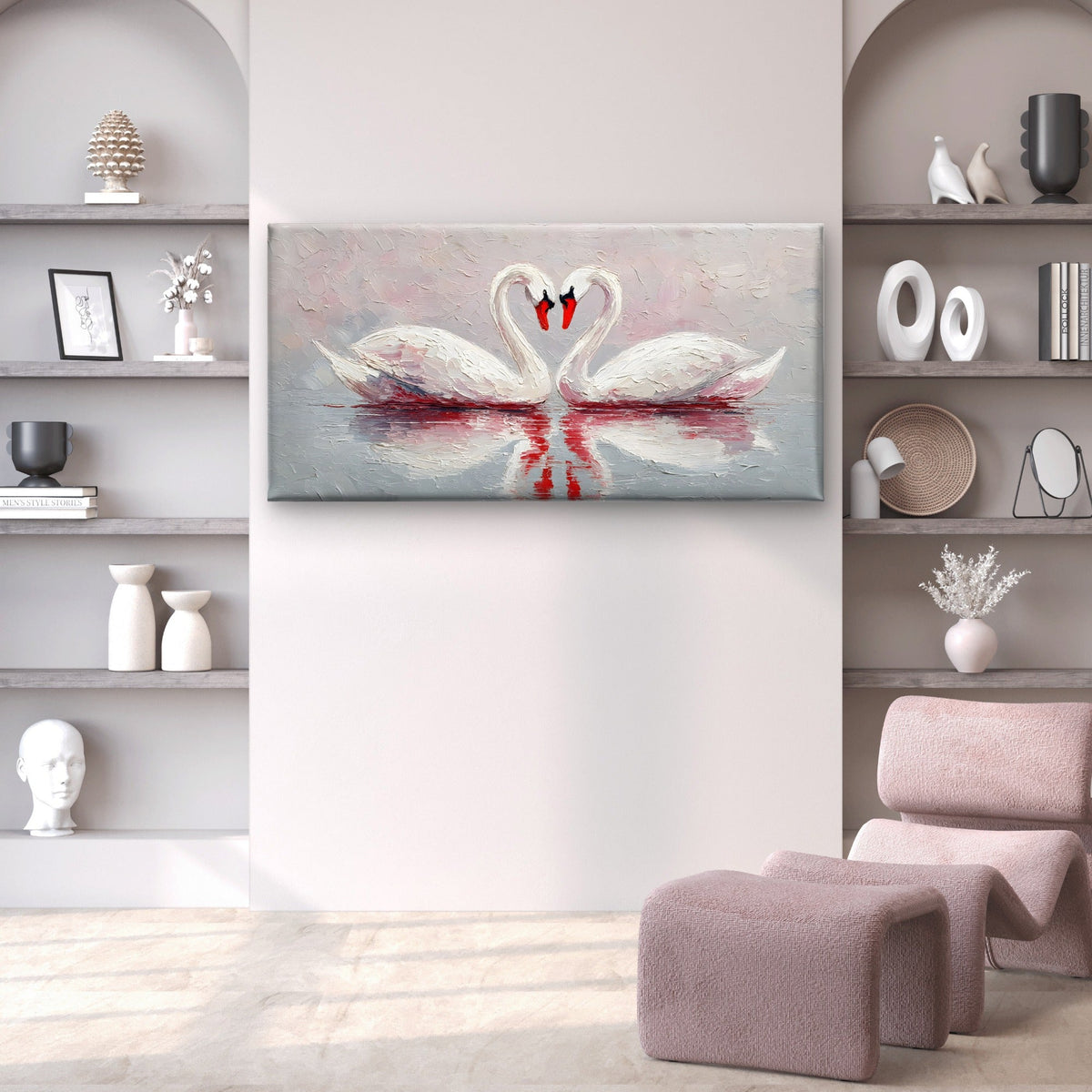 White Swans Heart Love Couple Wall Art Canvas Office Home Room Framed 80x45cm