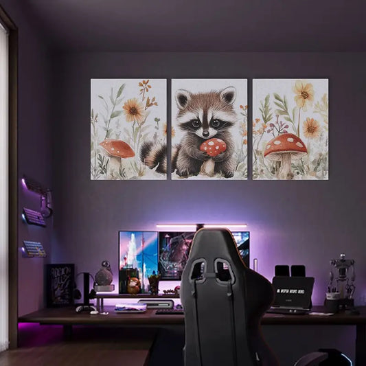 3pcs Watercolor Adorable Raccoon Artworks Metal Print Ready to Hang Art