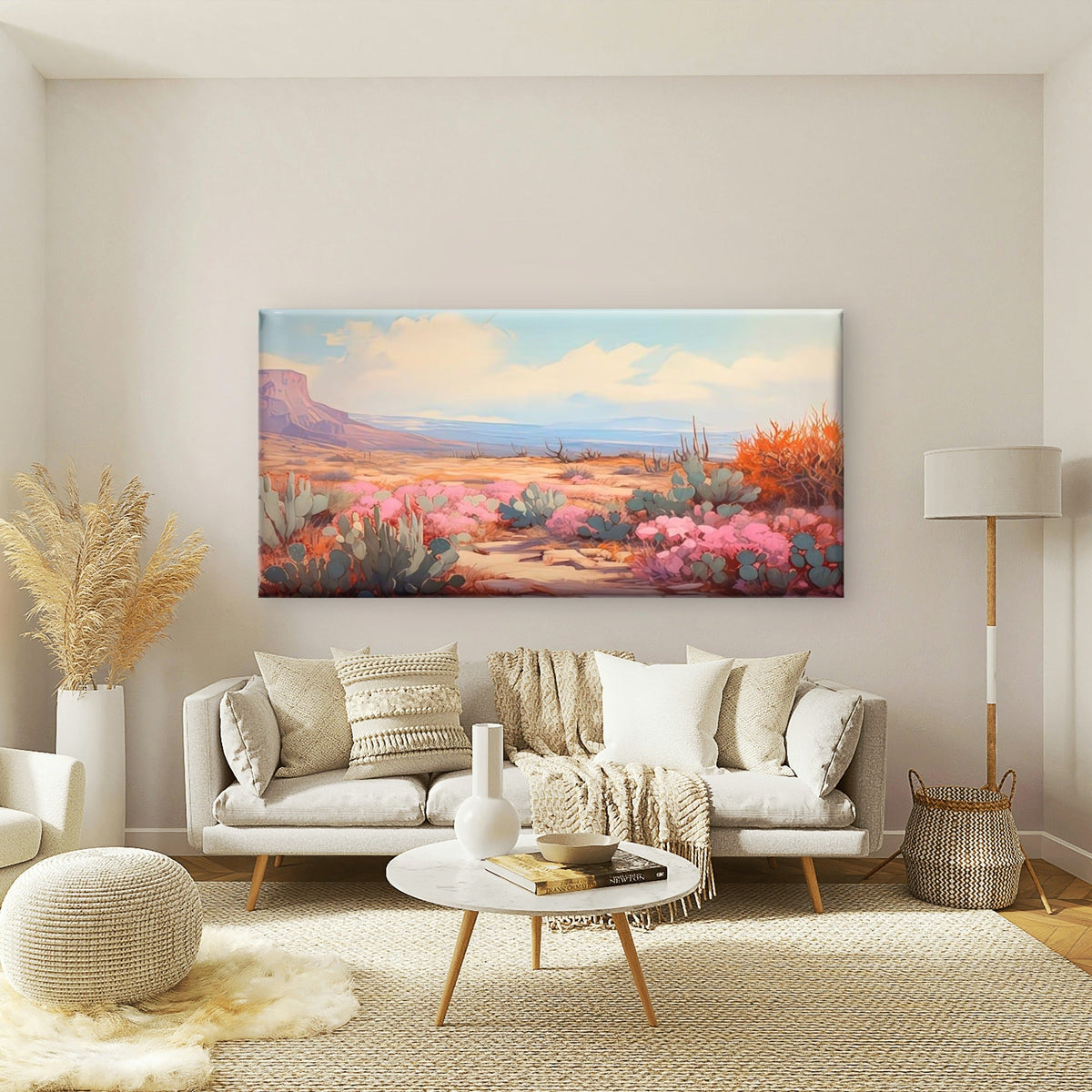 Desert Cactus & Pink Blooms Wall Art Canvas Office Home Room Framed 80x45cm