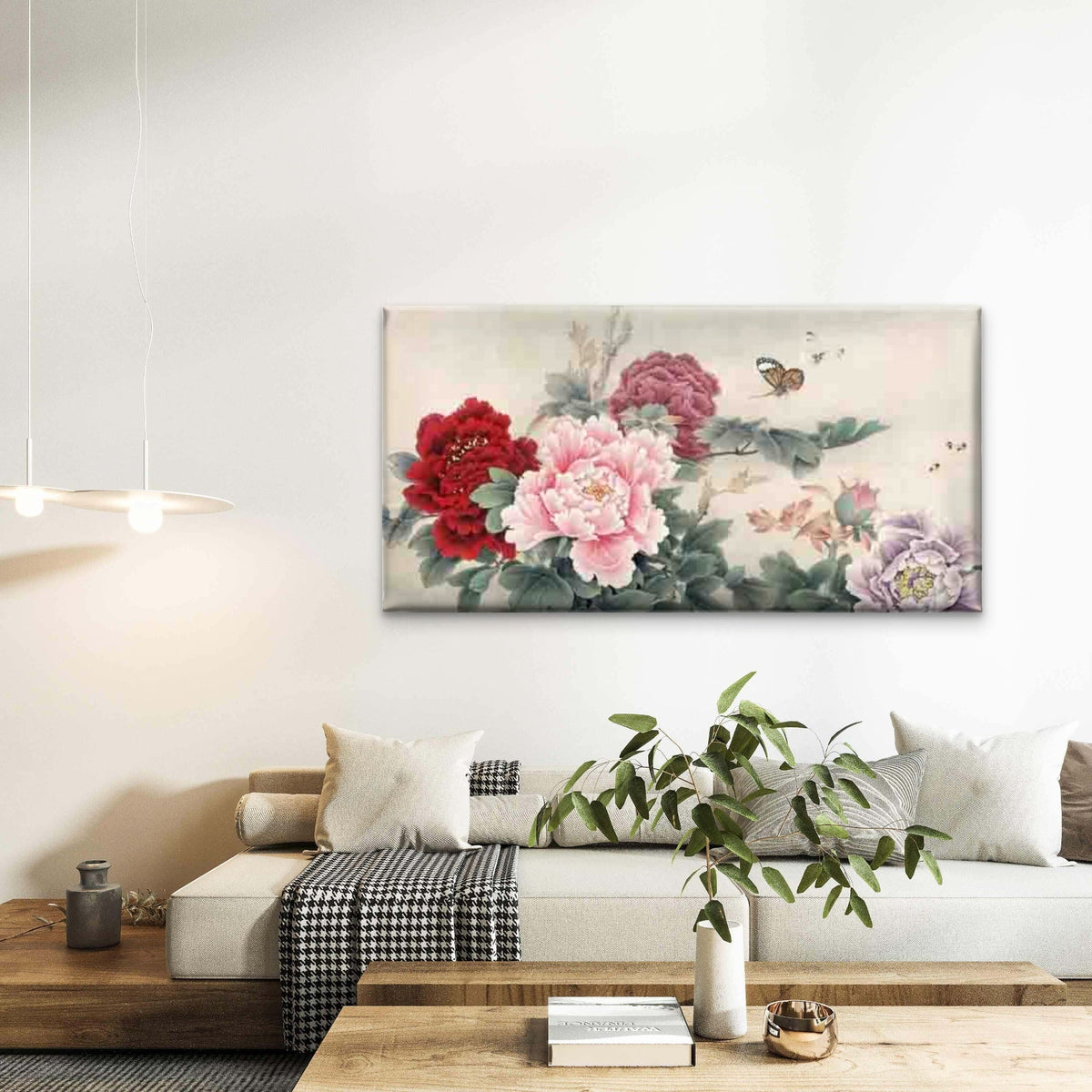 Blue and White Peonies Painting Wall Art Canvas Office Home Room Framed 80x45cm