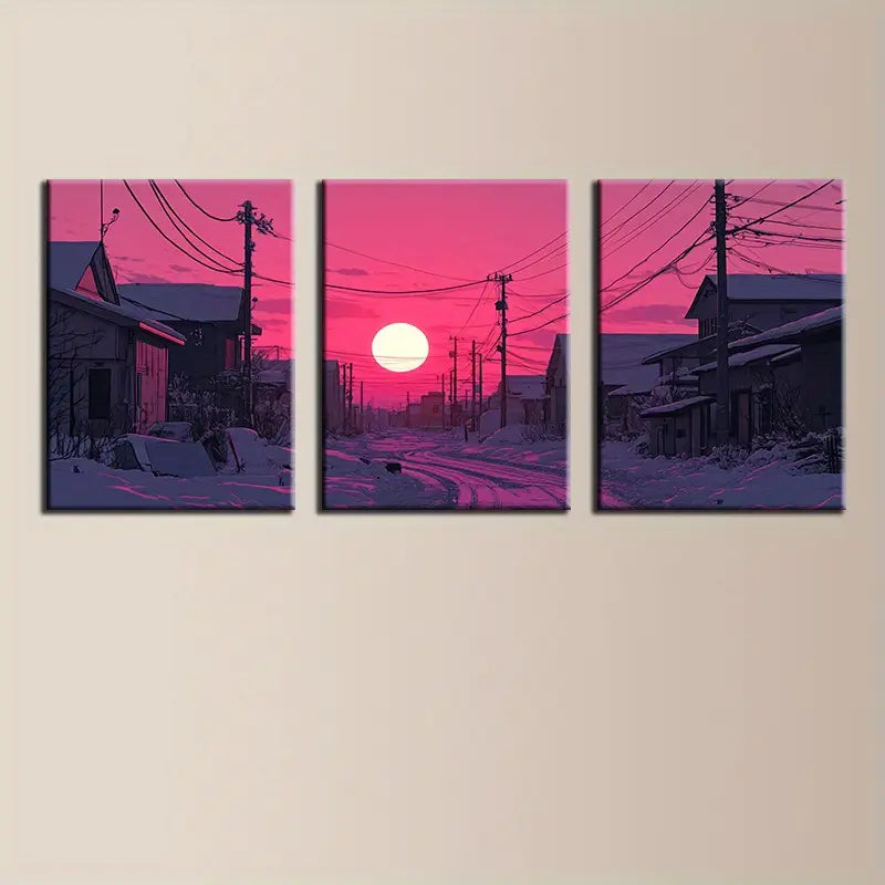 3pcs Snow-Covered Arctic Town Painting Classic Design Metal Print Ready to Hang Art