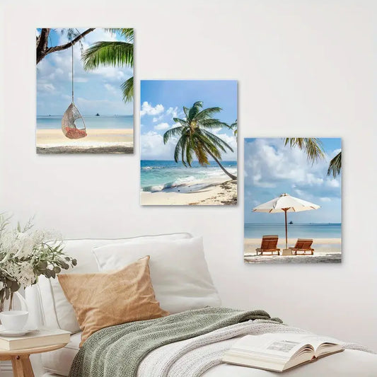 3pcs Coconut Palm Tree, Loungers & Umbrella Scene Metal Print Ready to Hang Art