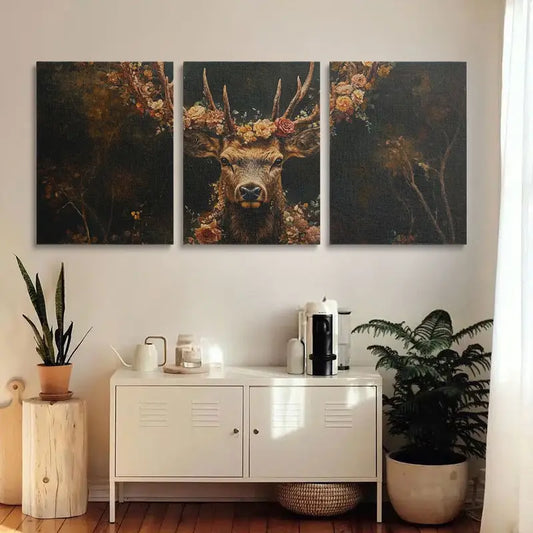 3pcs Majestic Stag and Floral Background Deer Oil Painting Metal Print Ready to Hang Art