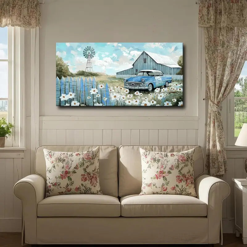 Rustic Farmhouse Blue Classic Car & Barn Wall Art canvas office home room framed 120x60cm