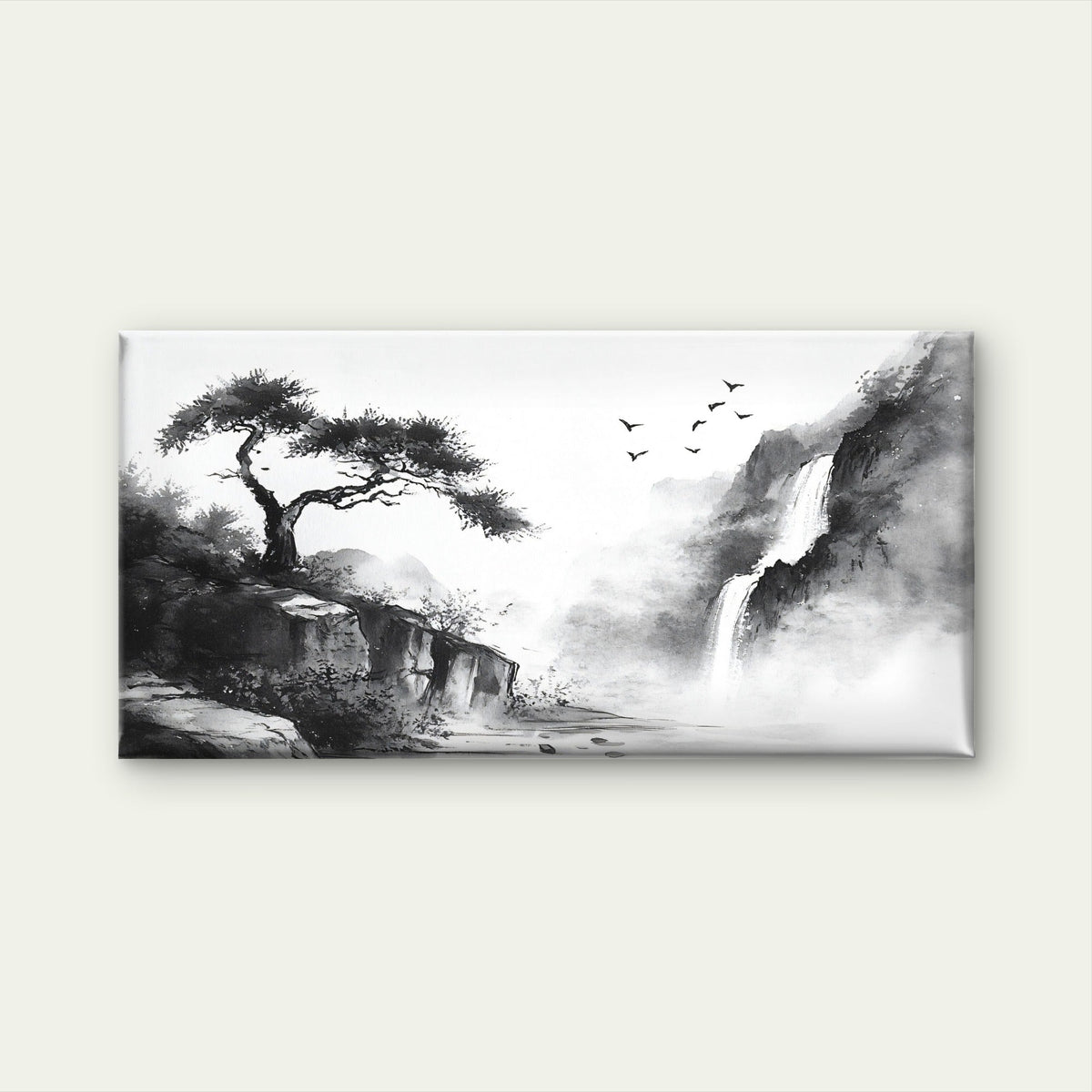 Misty Mountain Waterfall Scene Wall Art Canvas Office Home Room Framed 120x60cm