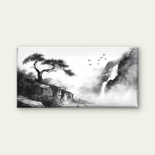 Misty Mountain Waterfall Scene Wall Art Canvas Office Home Room Framed 80x45cm