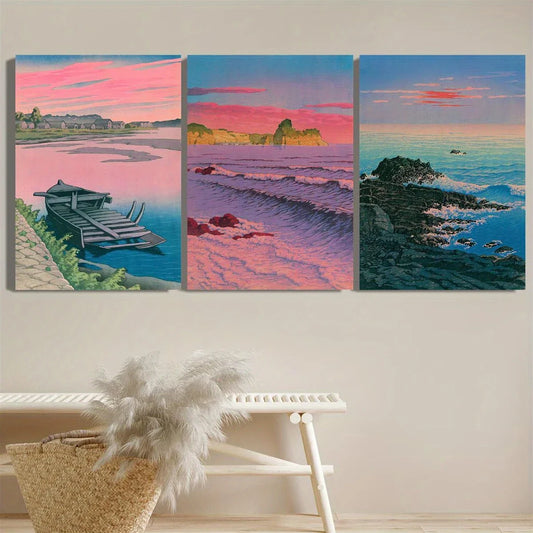 3pcs Vibrant Natural Ocean Beach Painting Metal Print Ready to Hang Art