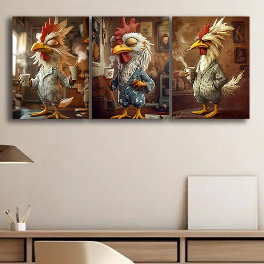 3pcs Tired Chicken with Cup of Coffee Classic Design Metal Print Ready to Hang Art
