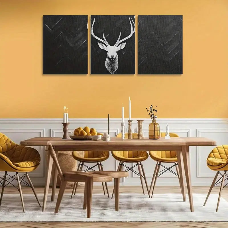 3pcs White Deer Antlers Silhouette on Herringbone Pattern Metal Print Ready to Hang Art