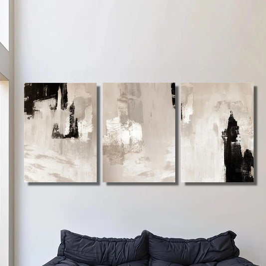 3pcs Modern Abstract Beige & Black Textured Paint Metal Print Ready to Hang Art