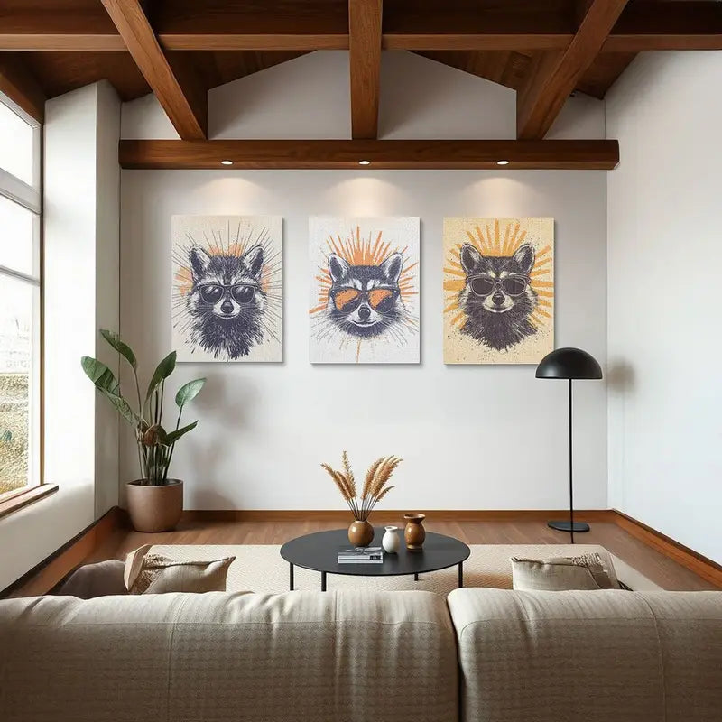 3pcs Vibrant Orange & Yellow Raccoon Burst Design Metal Print Ready to Hang Art
