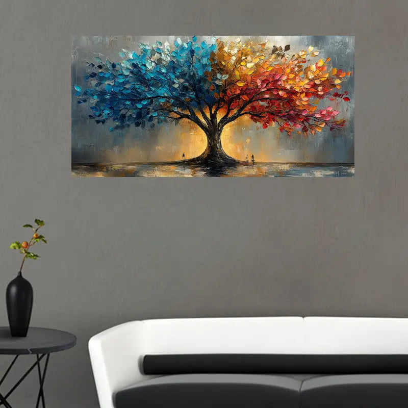 Tree of Life Abstract Painting with Vibrant Blue & Red Leaves, Textured Brushstrokes Wall Art wall canvas office home room framed 80x45cm