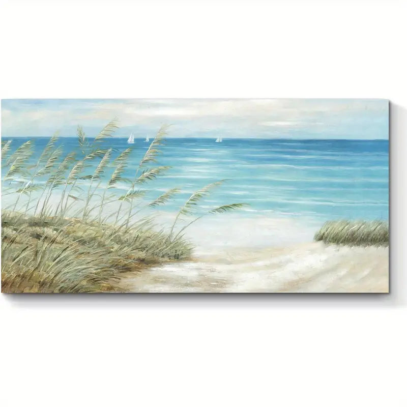 Beach Serene Coastal Sandy Shore & Ocean Waves Wall Art canvas office home room framed 120x60cm