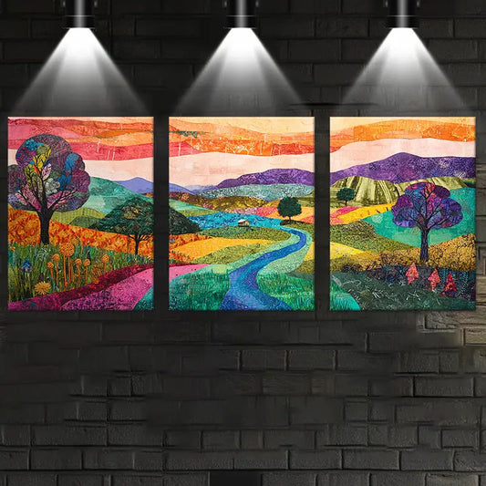 3pcs Colorful Fields River Elegant Design Metal Print Ready to Hang Art
